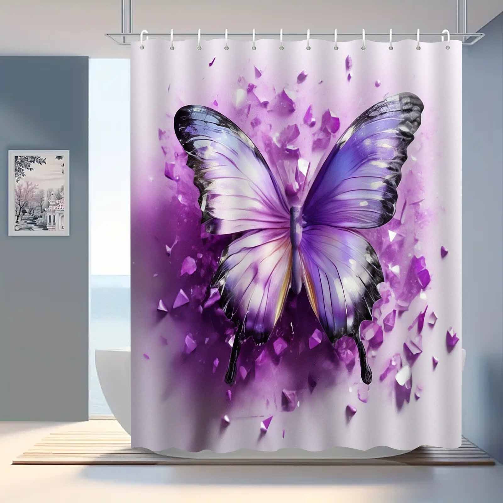 

Elegant Purple Butterfly Shower Curtain - Waterproof & Fog-proof, Includes Hooks, Machine Washable Polyester Bathroom Decor