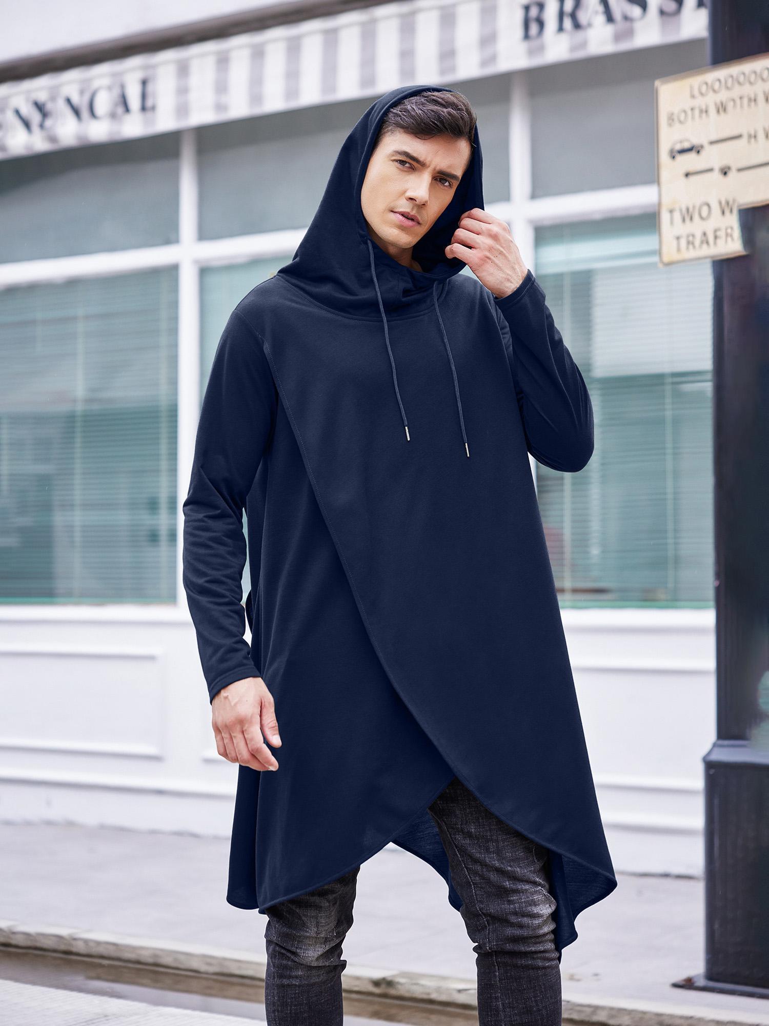 Capuche Décontractée pour Homme Cape Poncho à Ourlet Asymétrique, Sweat à  Capuche, Manches Longues, Polyester, Noir, Tenue Élégante pour le