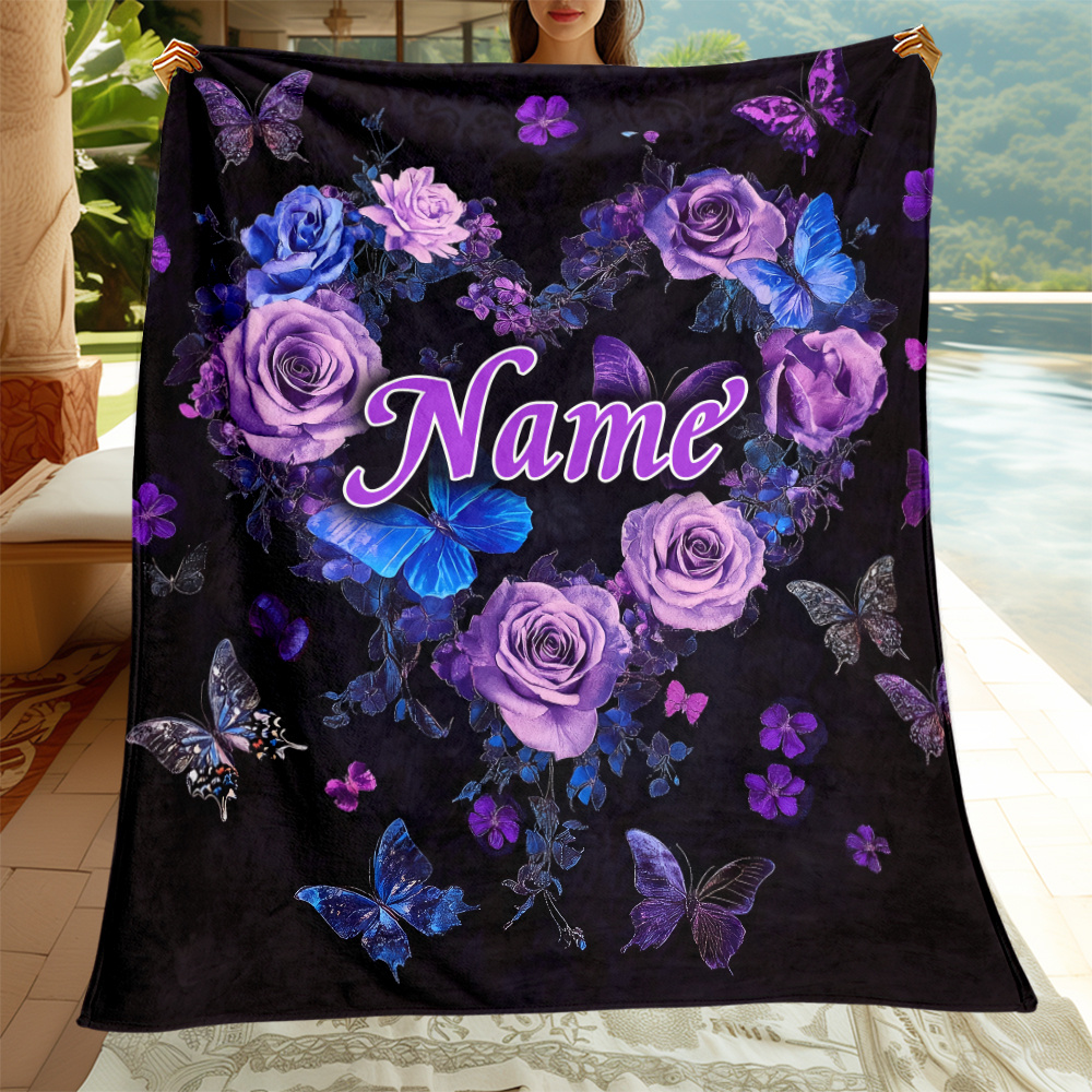 

1pc Personalized Purple Floral And Fleece Blanket, 100% Polyester, Lightweight, Warm, No Feathers, Electricity-free, With Custom Name, For Sofa, Bed, Travel, Camping, Office, Couch, Chair