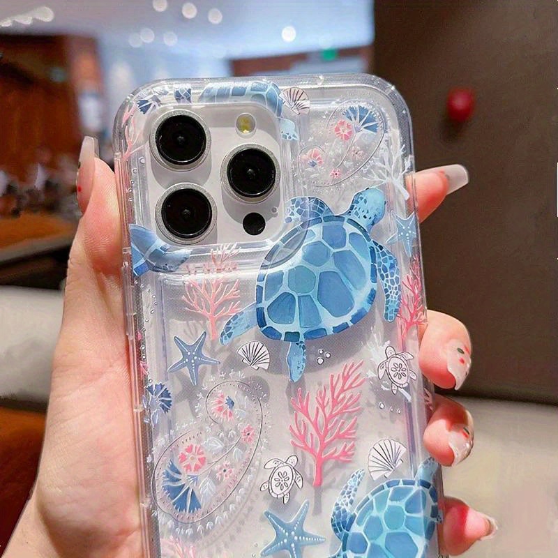 1pc Ocean Turtle Pattern Air Cushion Phone Case for Iphone 16 15 13 12 11  14 Pro XR XS 14 15 Plus Transparent Protective Case - Main Image