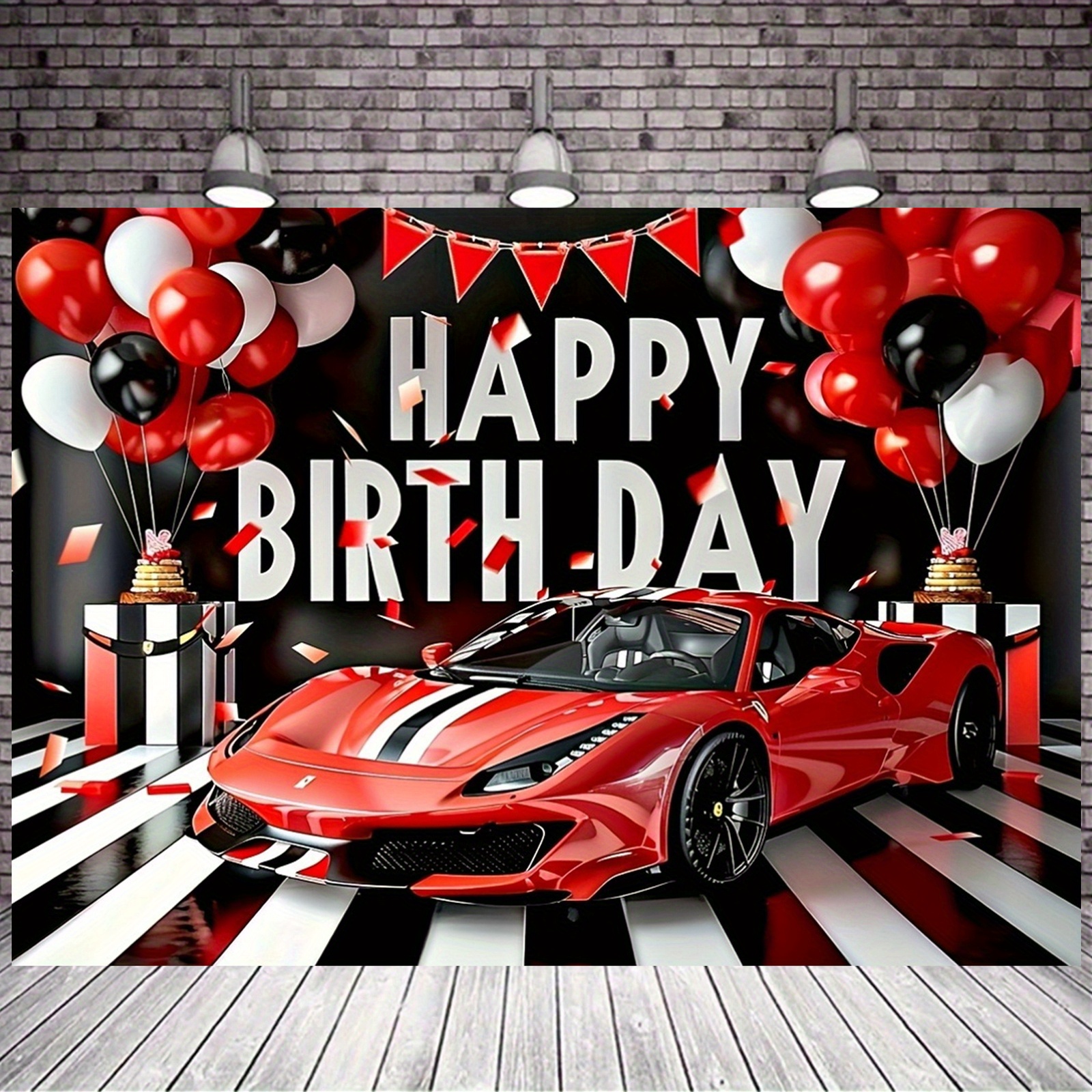 

Supercar Theme Birthday Backdrop, Polyester Happy Birthday Banner With Racing Car & Balloons, Party Decoration Photography Background, Generaling Fit, No Electricity Required - 1pc