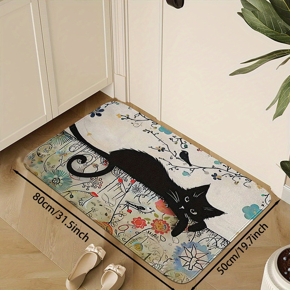 

1pc Black Cat Door Mat, Quick-dry Polyester, Non-slip, Absorbent, Sunflower Bathroom Rug, Coffee Machine Mat, Machine Washable, Knitted, Square, Pvc Backing, Machine Made, Home & Kitchen Decor