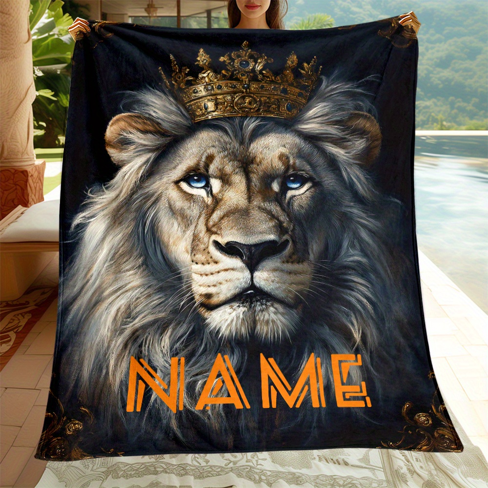 

Custom Lion With Crown Print Flannel Throw Blanket - Soft, Lightweight & Warm For Couch, Bed, Travel & Camping - Personalized Name Option