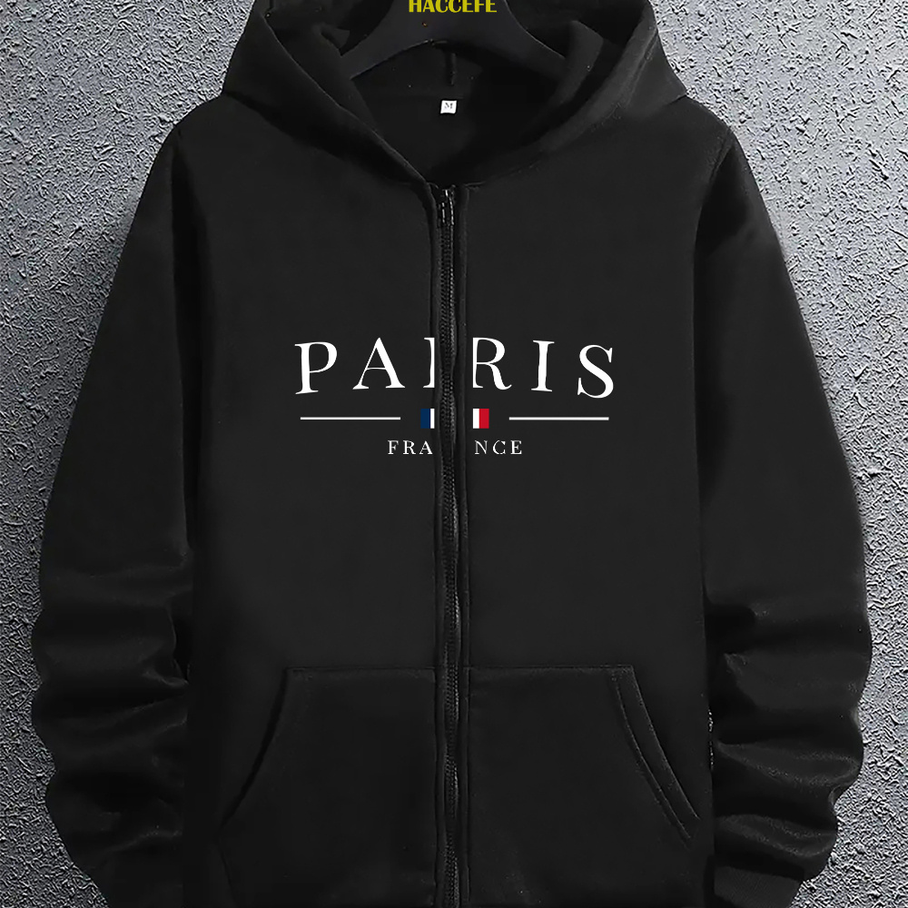 

Men's Casual Hoodie With Paris Alphabet Print, Full Zip, Hooded Sweatshirt With Kangaroo Pocket, Polyester Knit Fabric, Regular Fit, Unisex Fashion Top