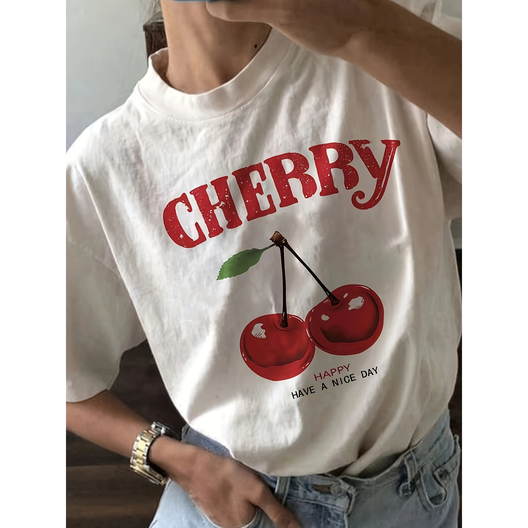 

Cherry Print Women's T-shirt For Spring And Summer