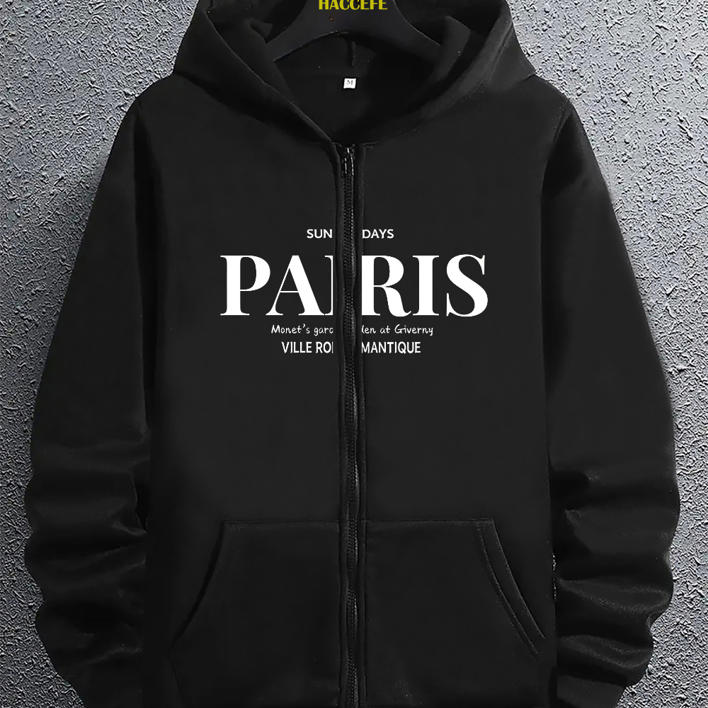 

Casual Paris Alphabet Print Hoodie For Men - Knit Fabric Fashion Zip-up Hooded Sweatshirt With Kangaroo Pocket, Long Sleeve Regular Fit Polyester Jacket