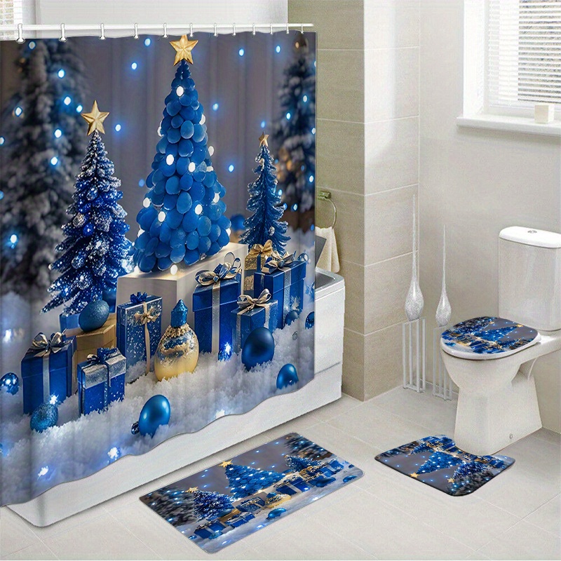 

1pc/4pcs Christmas Waterproof Shower Curtain Set With 12 Hooks And Bath Mat Toilet Seat Bathroom Seat Anti-slip Carpet Rug Polyester Fabric Curtain Bathroom Accessories Home Decor (open Jit)