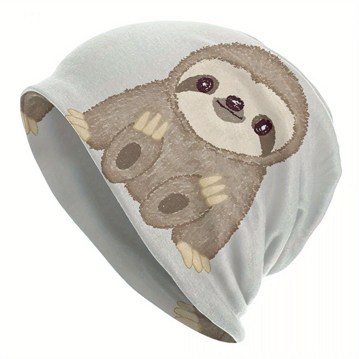 

Biihudu Funky Knit Beanie Sloth Print, Polyester & Elastane Stretch Fabric, No-brim Slouchy Cap, - Unisex