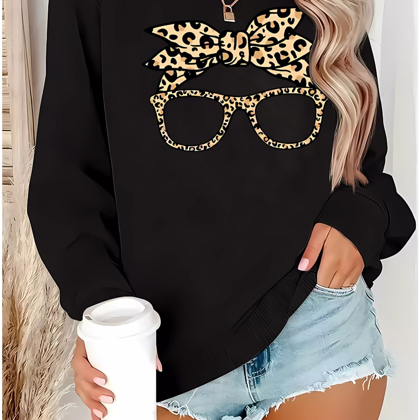 

Women's Leopard Print Glasses Graphic Sweatshirt - 100% Polyester Knit Fabric Pullover, Crew Neck, Machine Washable, Comfortable Mature Style For All