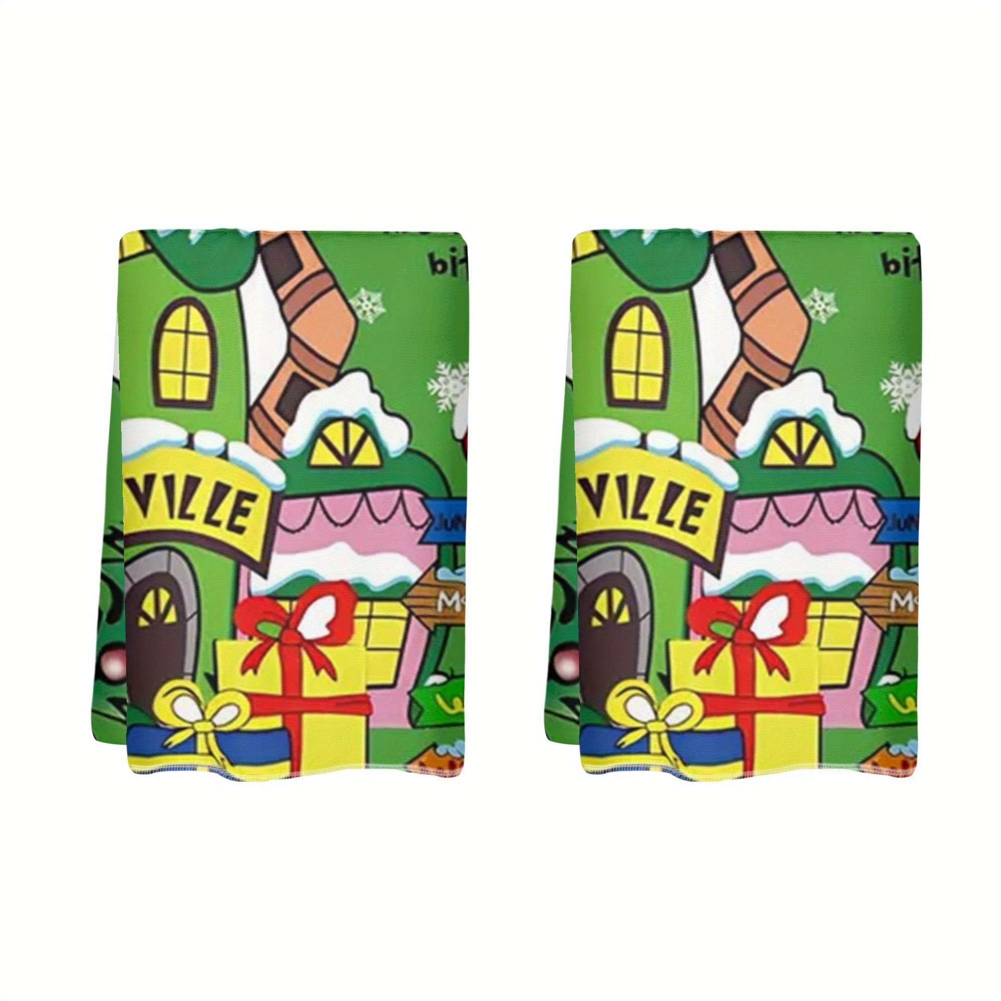 

2pcs Whoville Christmas Towels, 18x26in - Green With Snowflakes & Gifts Design, Absorbent Polyester Hand Towels For Holiday Decor & Cleaning