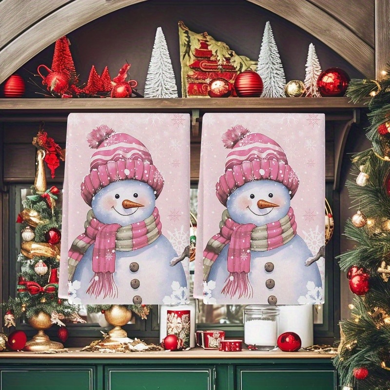 

2pcs Set Of , Machine Washable Christmas Kitchen Towels - Vibrant Pink Snowman & White Design For Decor