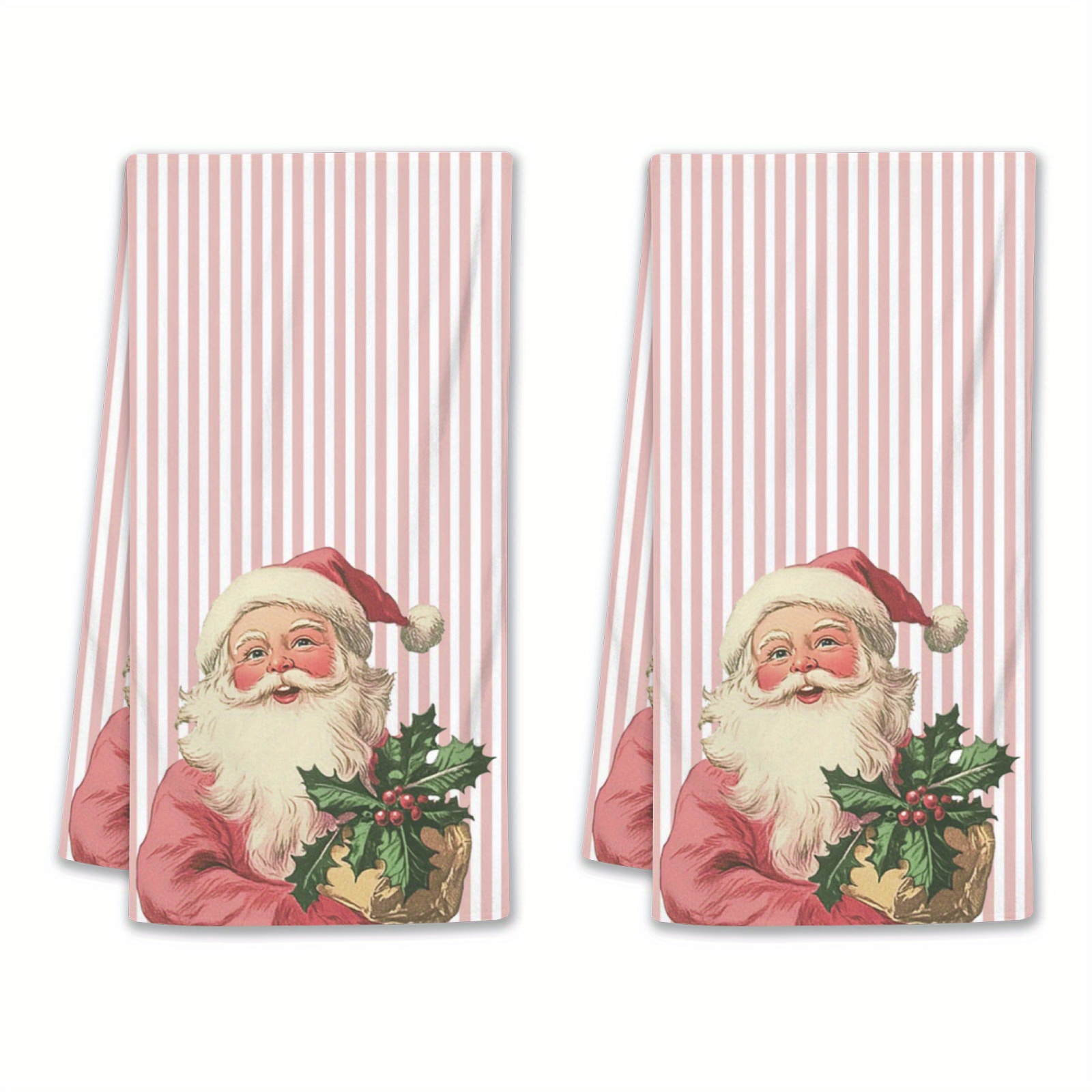 

2pcs Christmas Towel Set - , Pink Santa & Holly With Striped Background For Kitchen, Bathroom, Gym, Spa - Decor, Hotel, New Year, Decoration Towel
