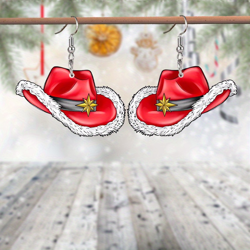 

Christmas Cowboy Hat Drop Earrings For Women - 1 Pair Of Lightweight Acrylic Dangle Earrings, Holiday Party Accessory, Universal Fashion Jewelry Gift