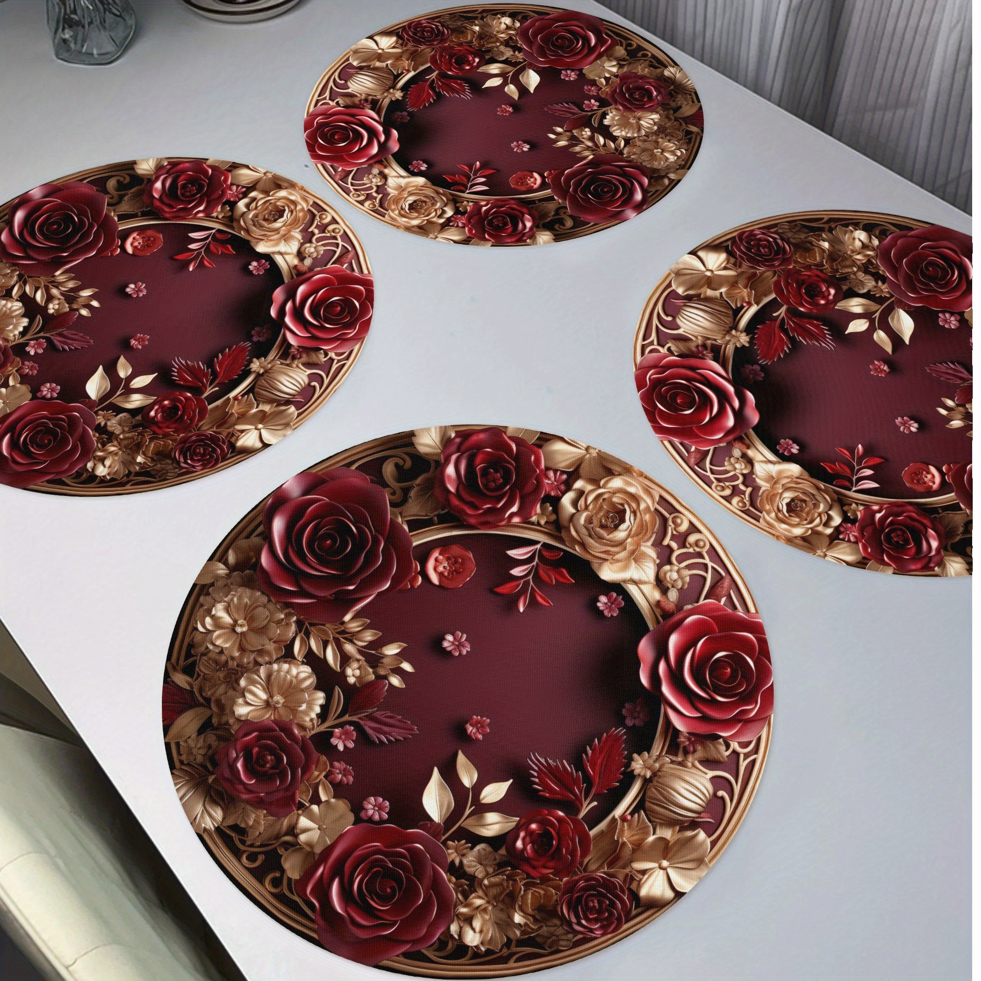 

4pcs Set Red Roses Round Placemats - 15" Water-resistant, Easy-clean Polyester Table Mats For Dining & Kitchen Decor