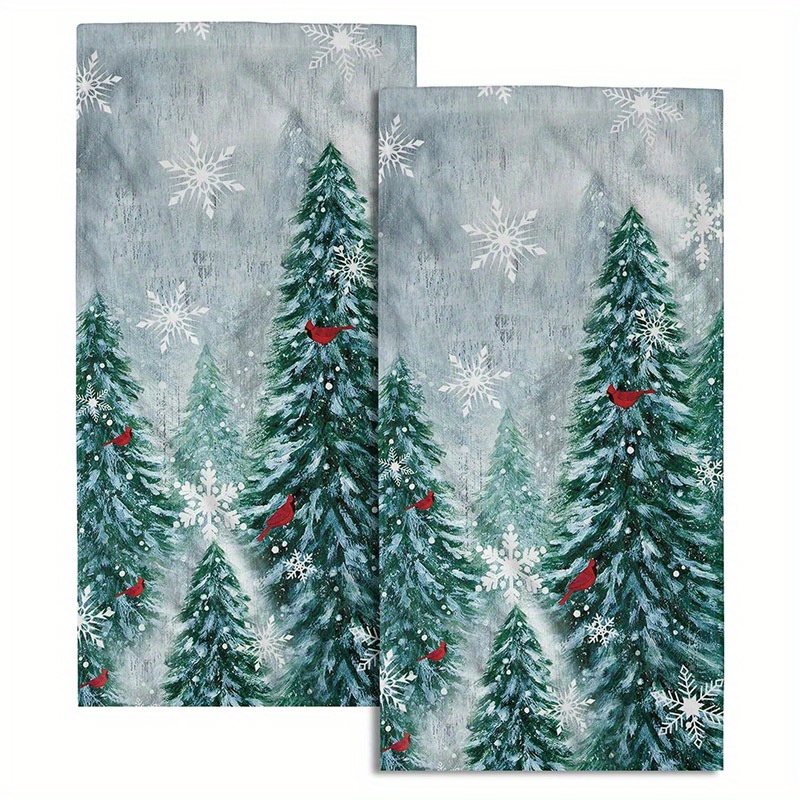 

Winter Christmas Hand Towels, 2pc Set, 18x26 Inch, Contemporary Knit Microfiber Dish Towels, Soft Absorbent Polyester, Decorative Fingertip Towels For Bathroom, Holiday Space Theme With Birds