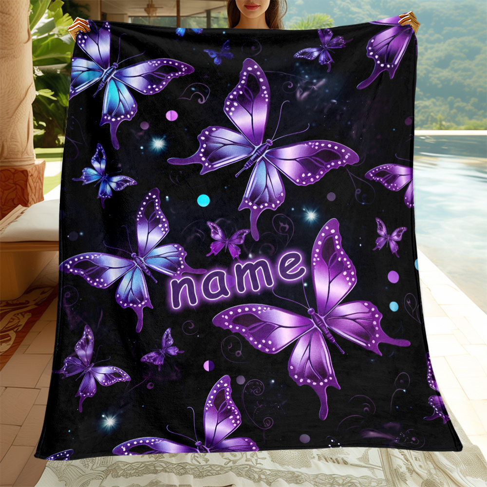 TEMU 1pc Purple Butterflies Print Custom Name Portable Blanket- Lightweight Flannel Throw For Sofa, Bed, Travel, Camping, Livingroom, Office, Couch,