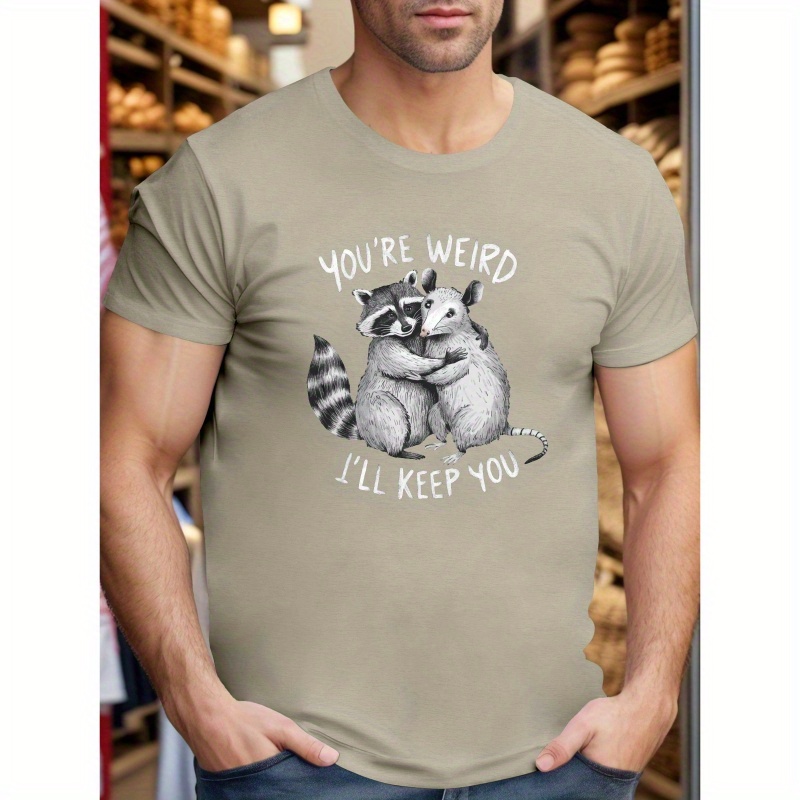 

Men's Casual Crew Neck T-shirt With Raccoon Graphic & "you're Weird " Print, 100% Polyester Knit Fabric, Geometric Pattern, Slight Stretch, Short Sleeve Tee For Summer