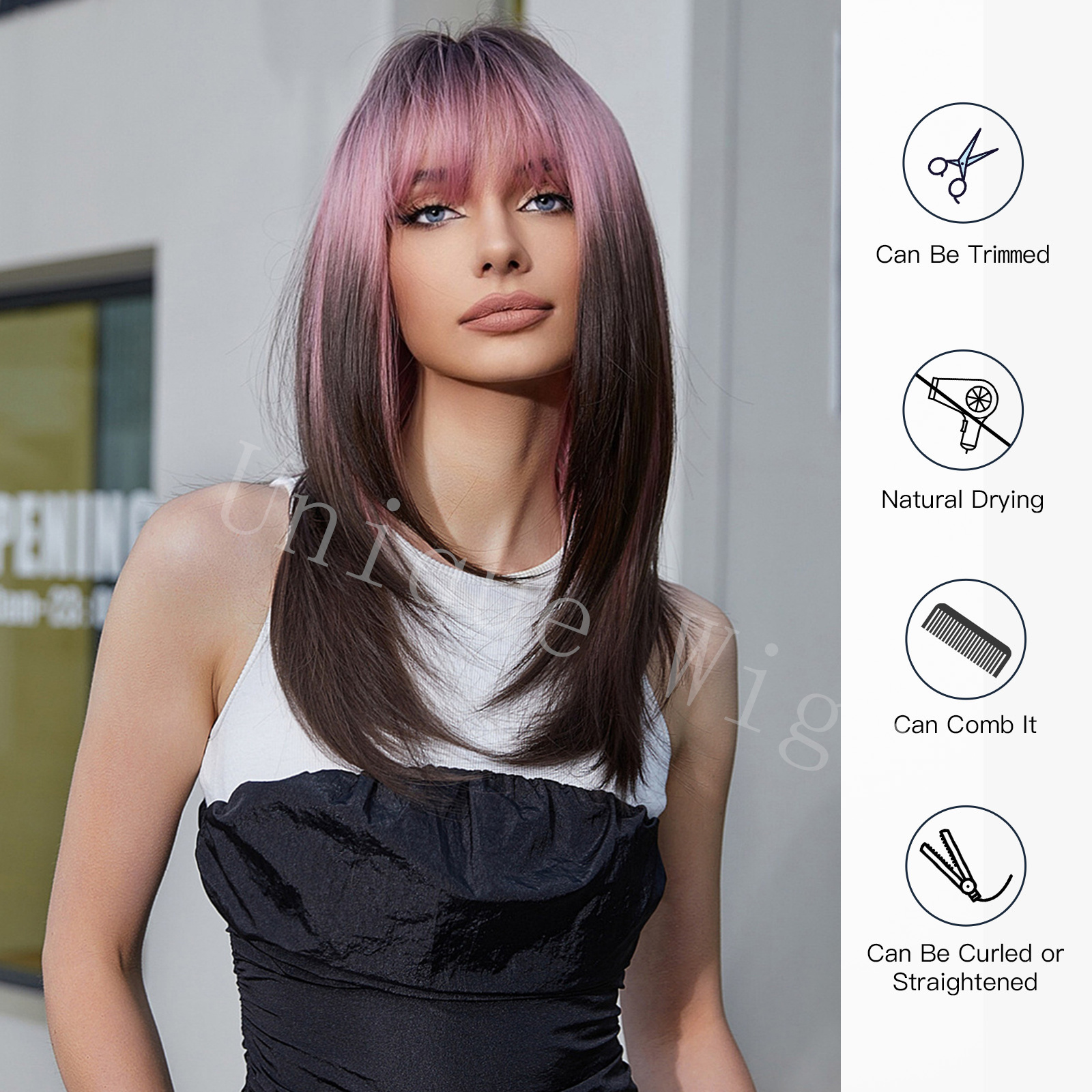 Long Straight Wig with Bangs Heat Resistant Synthetic 24 inch Daily Party Amazon.com : Aida ble Black Wig with Bangs Long Straight  main image 4