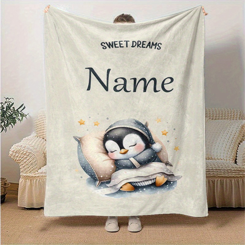 

Personalized Penguin Sleep Blanket, Polyester, Cartoon Design, + Length, 2.16m² Area, Couch, Bed, Outdoor Use, Ideal Gift For Christmas, Birthday, Holiday Decor