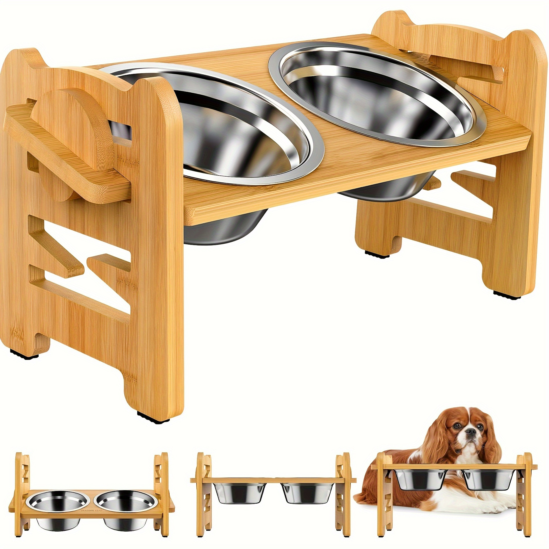 

-bowl Elevated Dog , 6-height Wooden Pet Feeding 2 Stainless Steel Bowls, , Battery