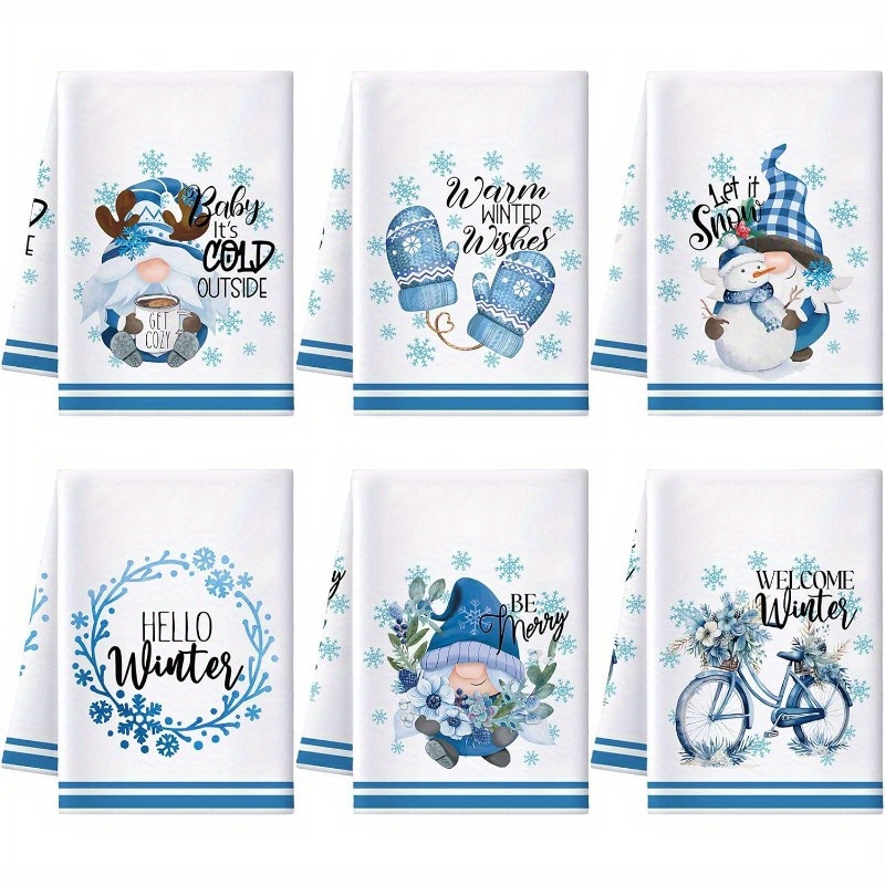 

6pcs Set Of 18x26" Kitchen Towels - Festive Christmas & Winter Decor With Snowman, Gnome & Blue Snowflakes - Ultra Soft Polyester, Machine Washable For Home & Party