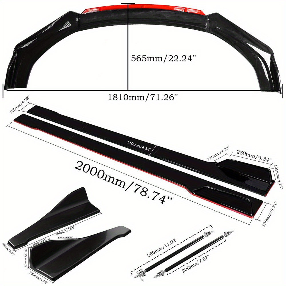 Universal Front Bumper Lip Chin Spoiler Splitter Trim Car Body Kit With Adjustable 8"-11" Support Splitter Rod