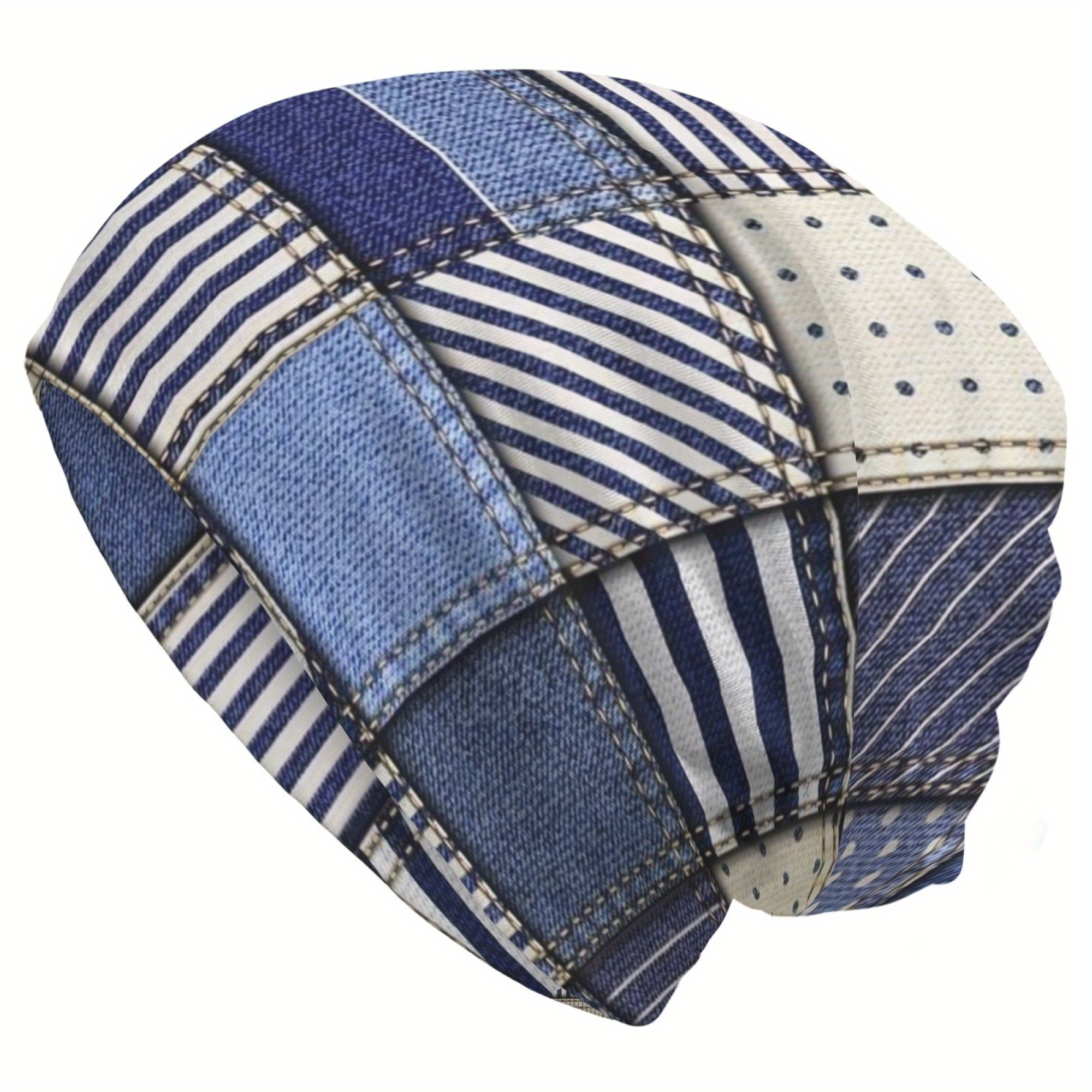 

Patchwork Denim Striped Beanie Hat, Unisex Casual Knit Fabric Skull Cap With For & Chemo Patients, Stretchy & Soft Polyester , Slouchy Headwear