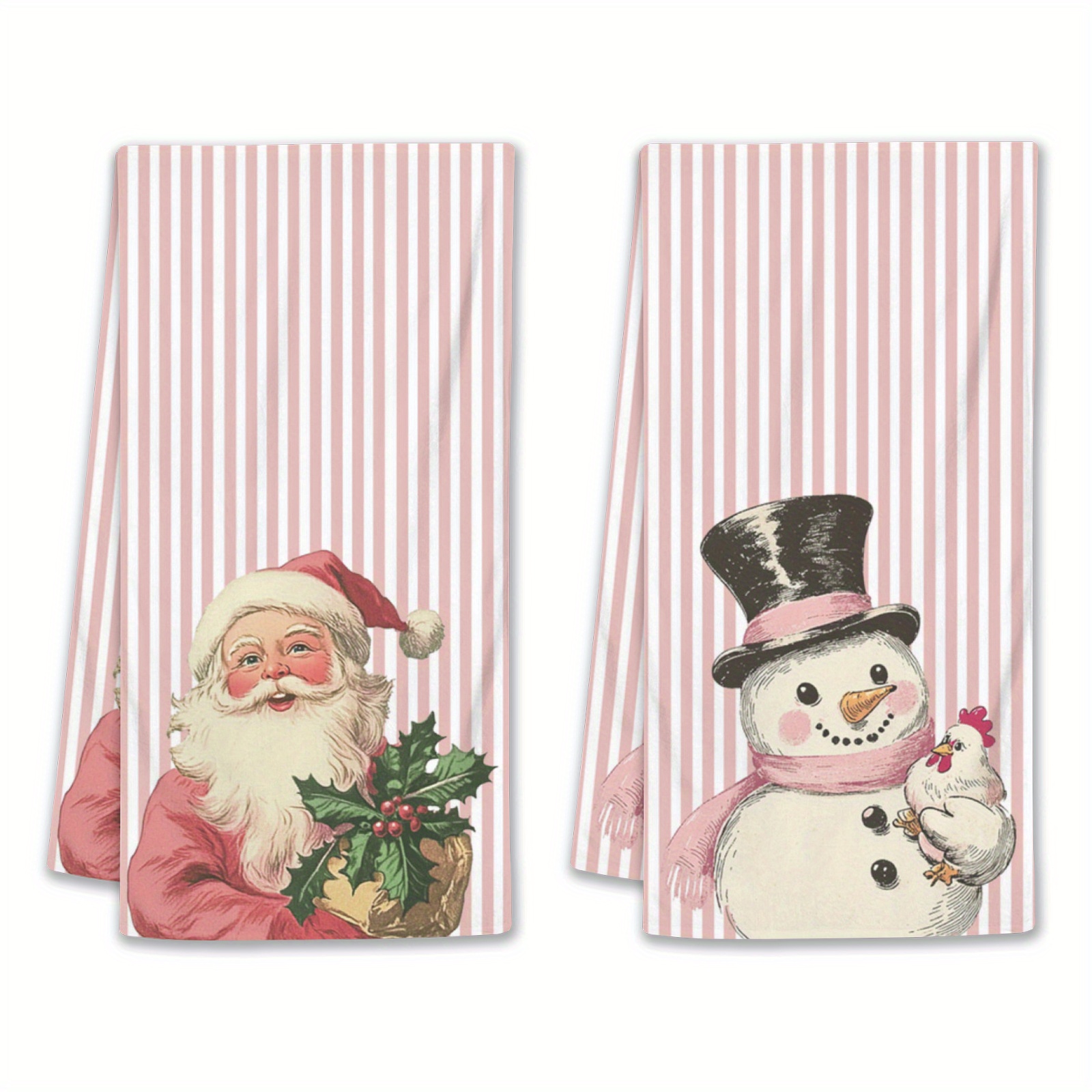 

2-pack Modern Christmas Towels With Santa, Snowman, Holly & Chick - Super Soft Polyester Oblong Towels, 230gsm Non-woven, Pink Striped Kitchen & Bathroom Decor Towels For Holidays