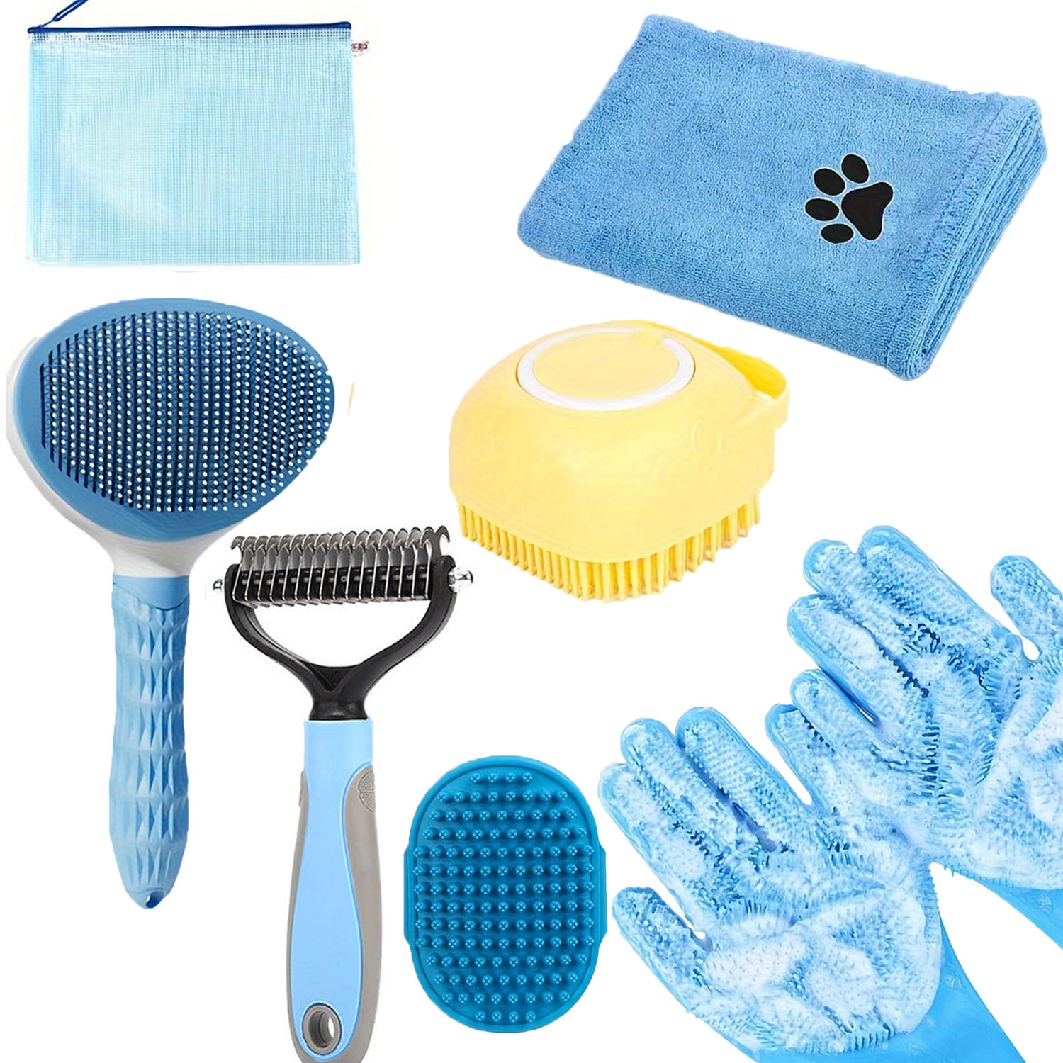 

7pcs Dog Grooming Kit: Bath Brush, Double Sided Dog Undercoat Raketowel Tool, & Washing Gloves - Shedding Control For A Coat Ideal For & Bathing Pets