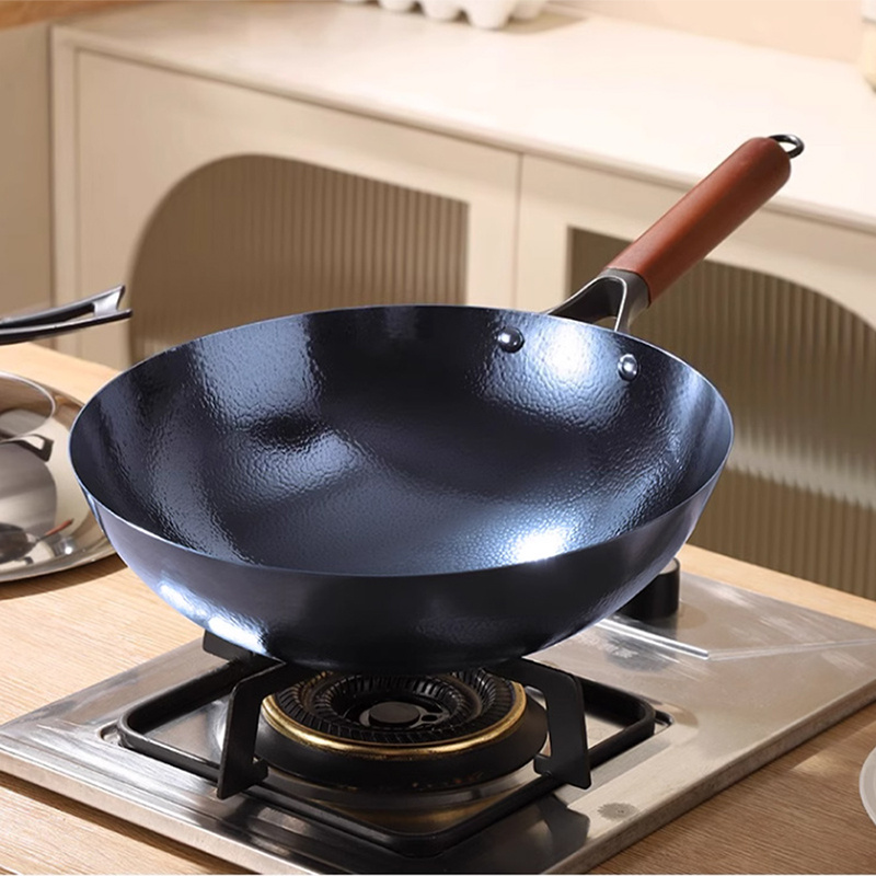 1pc   traditional chinese cast iron wok   non stick frying pan compatible with gas stoves kitchen cookware tool details 6