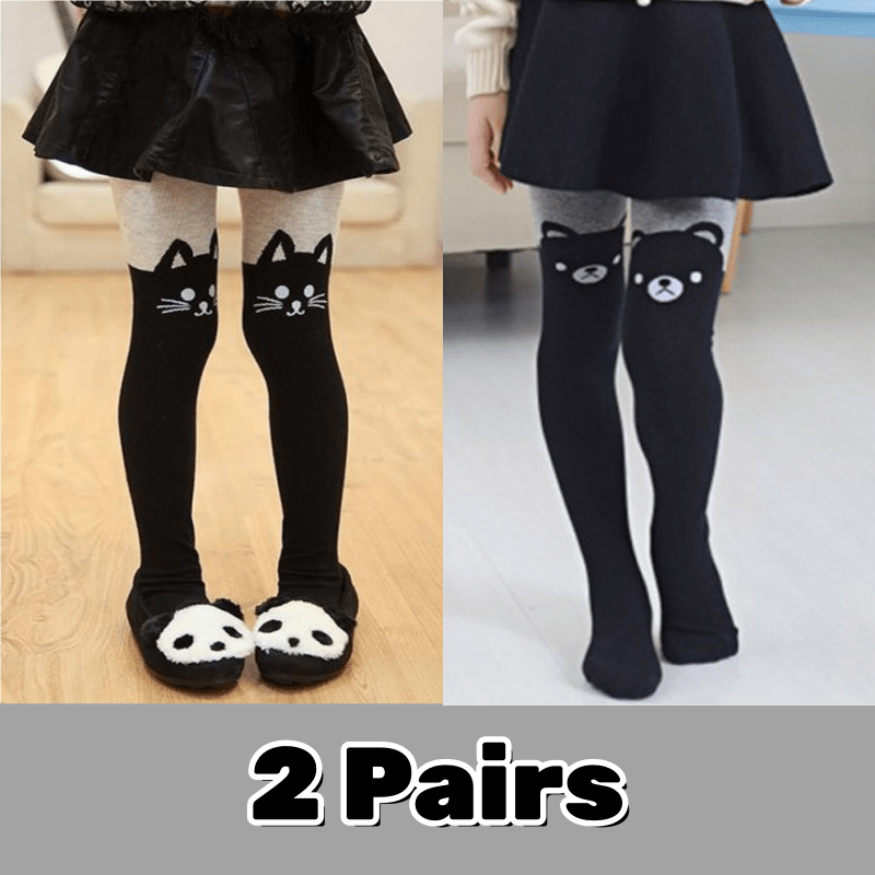 2 Paar Meisjes Cartoon Beer & Kat Print Thermische Leggings - Gezellige Winterlegging met Elastische Tailleband, Zwart-Wit Design, Perfect voor Herfst/Winter Outfits, Schattige Leggings, Speels Ontwerp, Zachte Textuur
