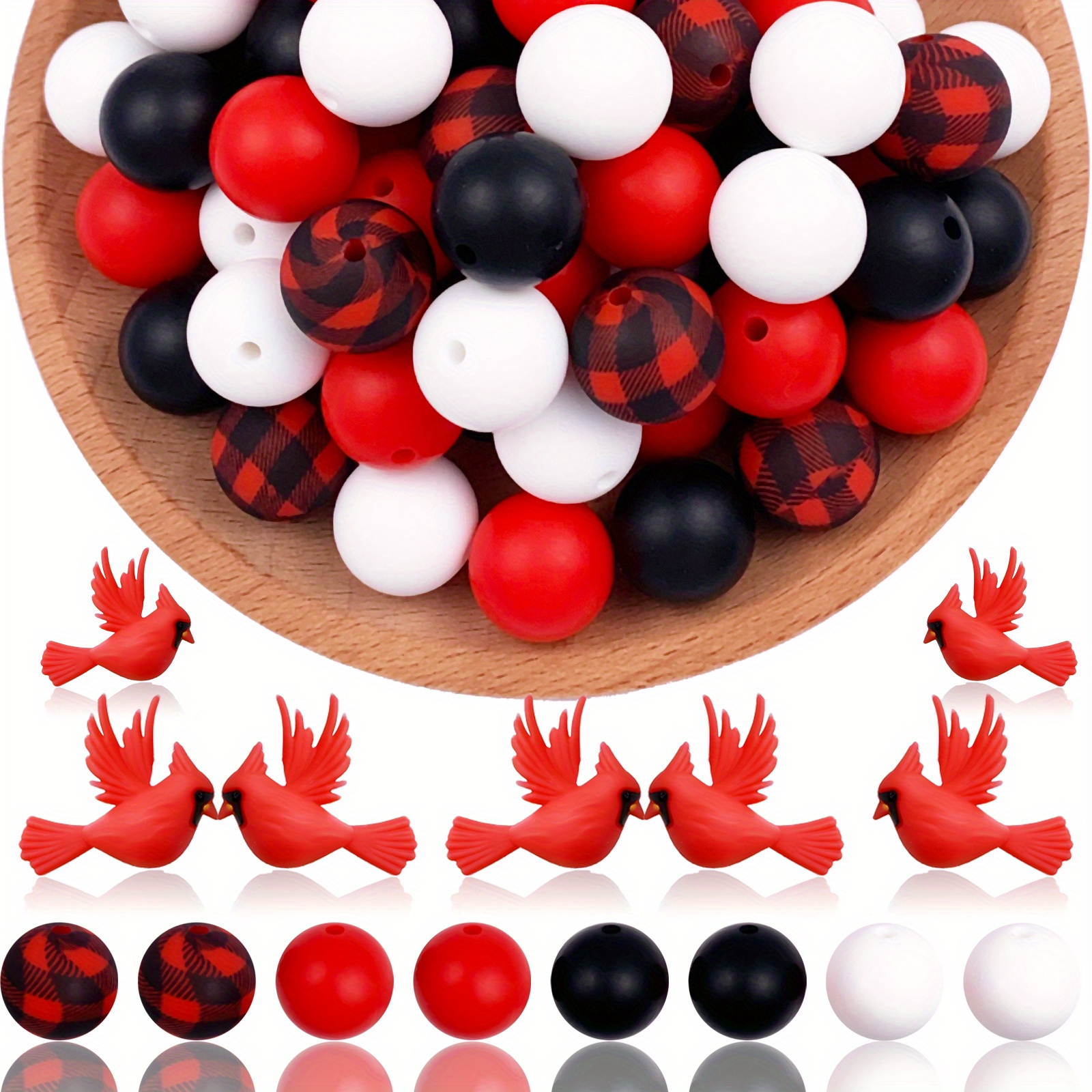 

40pcs Christmas 3d Red Bird And Silicone Beads Loose Rubber Beads Kit Keychain Chain Small Business Jewelry Decoration Making Craft Supplies 35pcs 15mm Silicone Round Beads + 5pcs 3d Red Bird