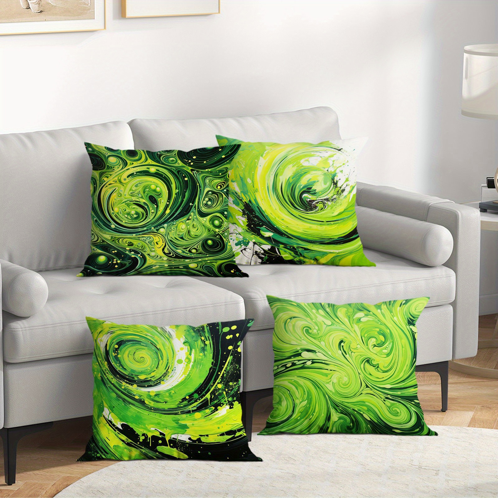 

Contemporary Green Swirl Pattern Throw Pillow Covers Set Of 4, Color, Zipper Closure, Machine Washable, Woven Polyester, For Office, Bedroom, Balcony, Car, Sofa, Patio - No Insert