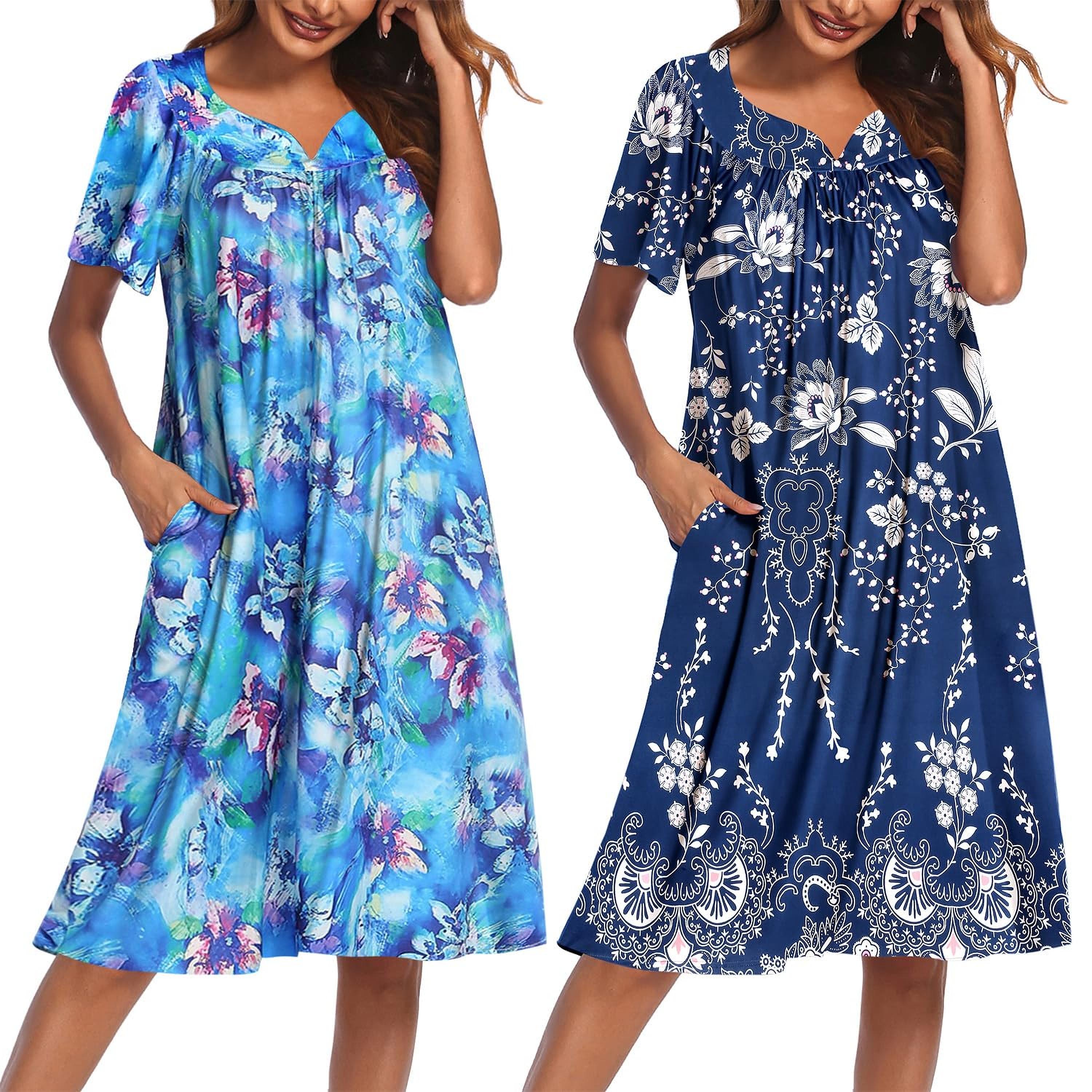 

2 Dresses For Women With Pockets Short Sleeve Floral Print Dresses Soft Robe Comfy After Surgery Clothes Womens Night Gowns For Sleeping Christmas Gift