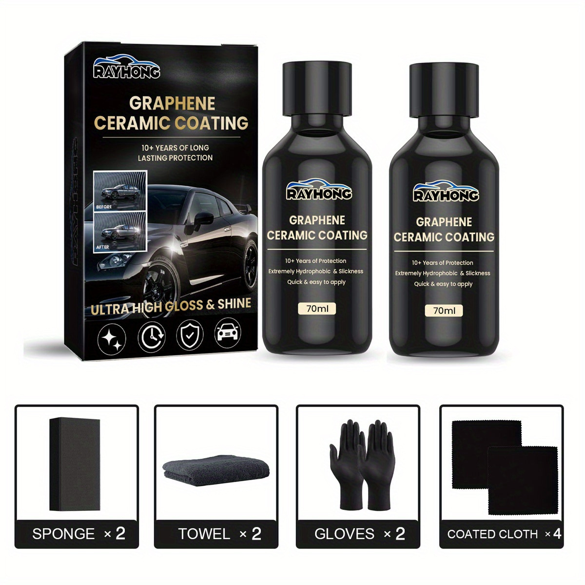 TEMU 2pack Years Of Long Lasting Protection: Rayhong Graphene Ceramic Coating 70ml Kit With Gloves, Towel, Coated Cloth & Sponge For Car And Rv Exterior Care, Without Battery