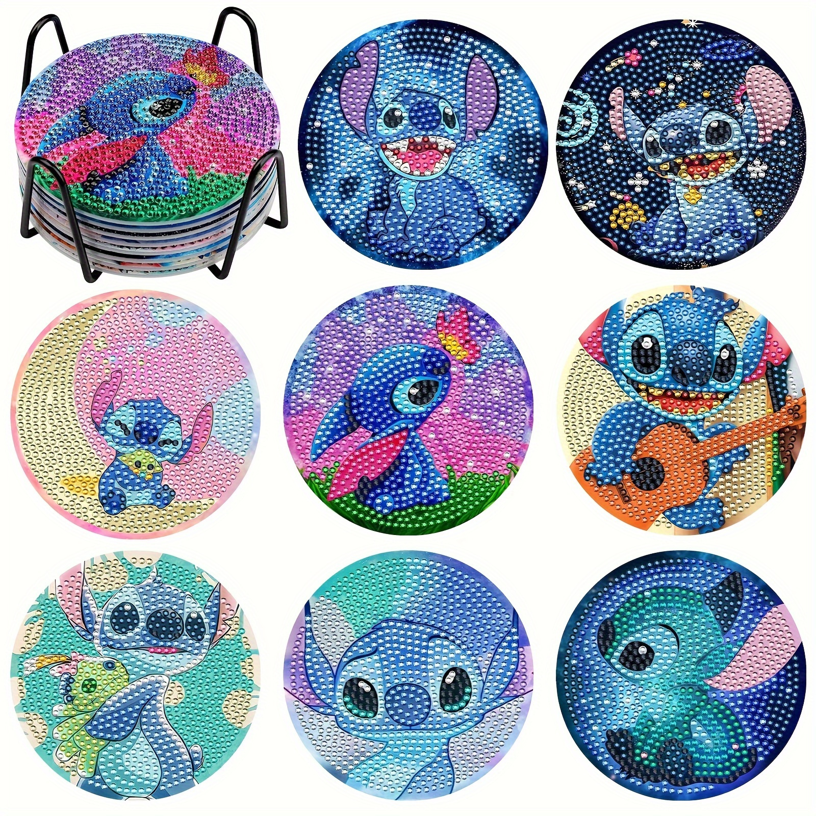 

8pcs Diy Diamond Painting Coaster Kit, Cartoon Stitch Diamond Art Mosaic Drink Coasters, Table Mats, Non-slip Coasters, Party Decorations, Handmade Gifts.