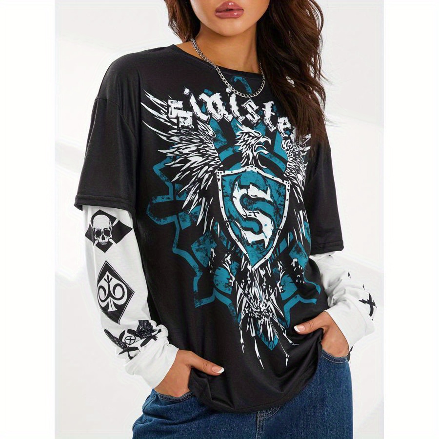 

Vintage-inspired Gothic Graphic Tee For Women - , Long Sleeve, Round Neck, Casual Streetwear