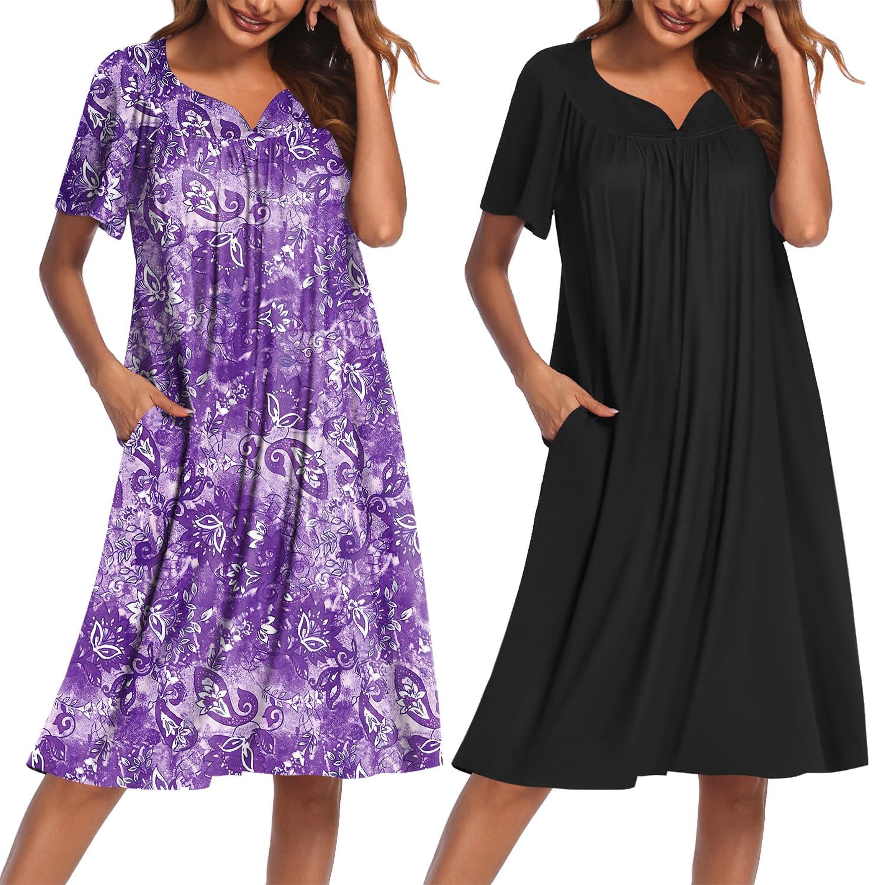 

2 Dresses For Women With Pockets Short Sleeve Floral Print Dresses Sleep Shirts For Women Soft Sleepwear Lightweight Lounge Dresses For Women