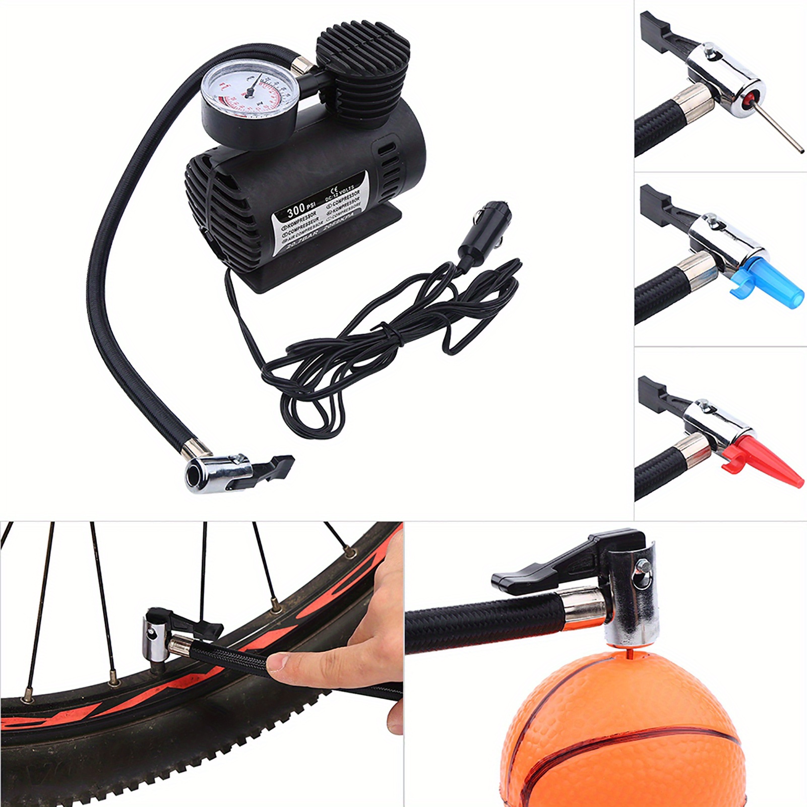 TEMU Portable Mini Air Compressor Electric Tire Infaltor Pump 12 Volt Car 300 Psi For Bicycles Cars Motorcycles Soccer Basketball Inflatable Boats Air Cushions Balloons Pump
