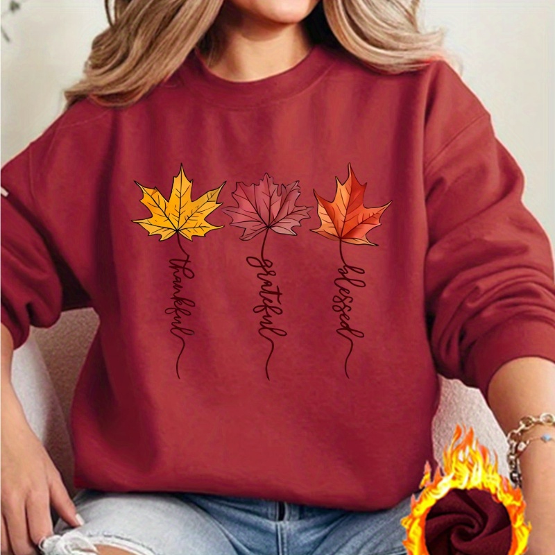 

Sweatshirt Décontracté Doublé en Imprimé Feuille d'Érable & Lettres - à Col Rond et Longues