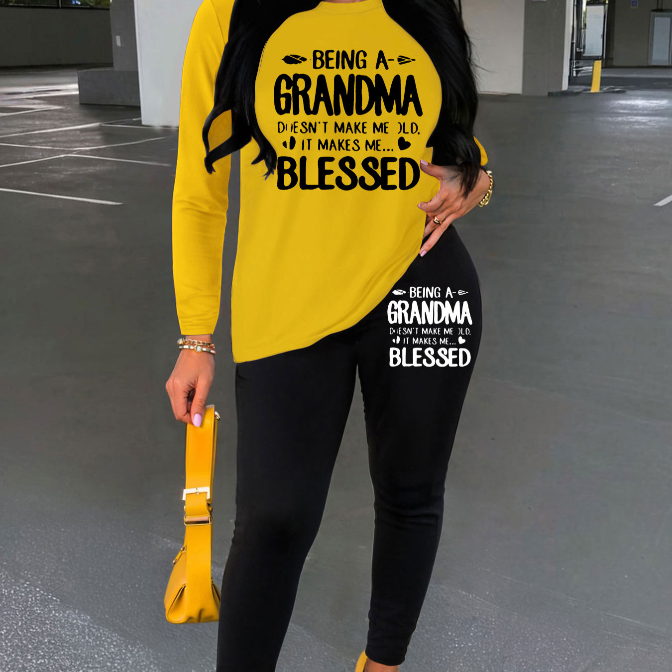 

Letter Print 2 Piece Set, Long Sleeve T-shirt & Leggings, Women's Clothing