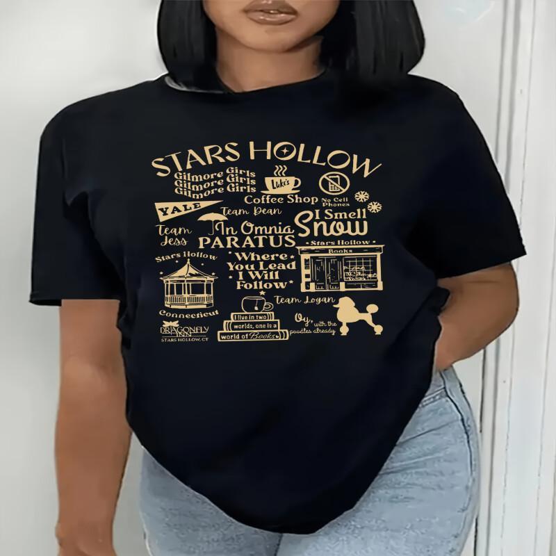 

Size Stars Hollow Print T-shirt - Casual Crew Neck, Short Sleeve For Women - Machine Washable, Summer Fashion