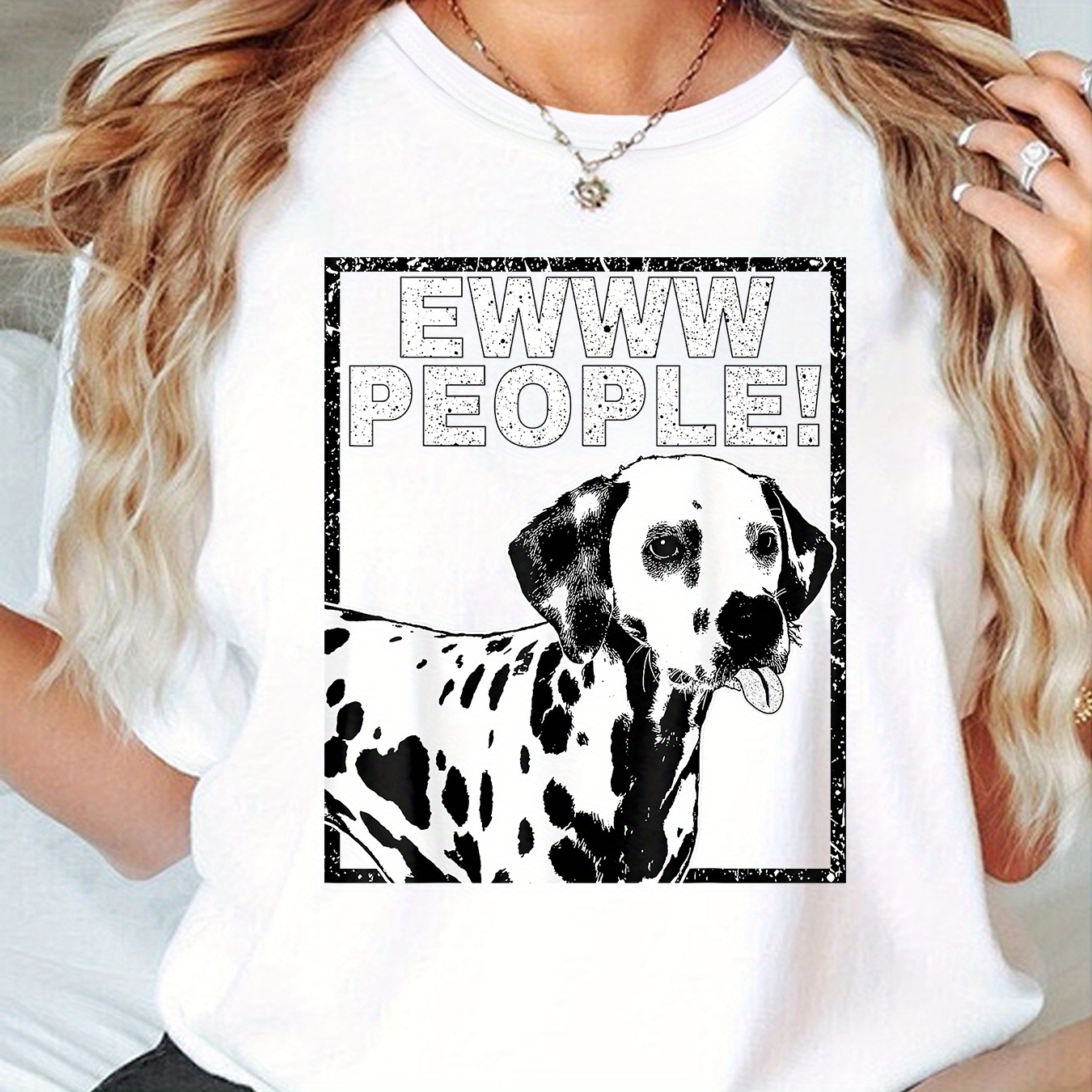 

Dalmatian Dog Print T-shirt For Women - Casual Knit Fabric, Medium Stretch, Round Neck, Cartoon Pattern, Polyester Top