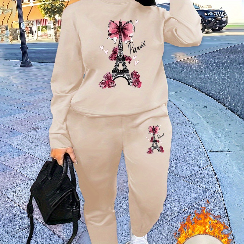 

Ladies Set With Paris Print - Casual Knit Polyester Sweatsuit With Neck And Architectural