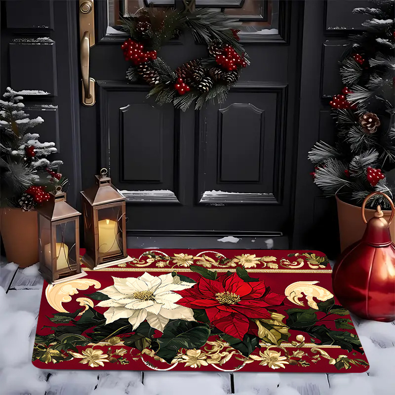 

1pc Polyester Christmas Doormat With Non-slip Backing - Machine Washable Holiday Rug With Poinsettia Design For Indoor/outdoor Use - In Multiple Sizes