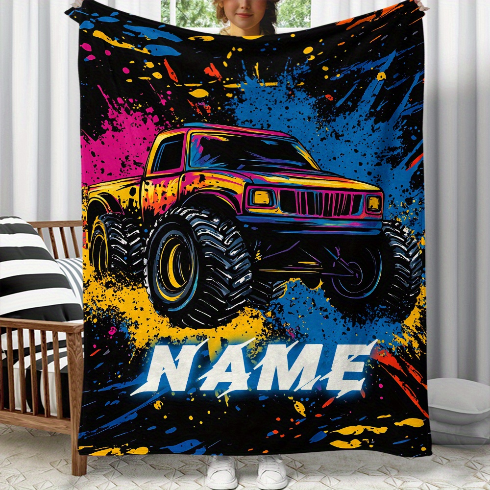 

1pc Customizable Monster Truck Design Flannel Throw Blanket, 100% Polyester, Lightweight, Warm, , With Personalized Name, For Sofa, Bed, Travel, Camping, Office - Universal Holiday Gift, No Feathers