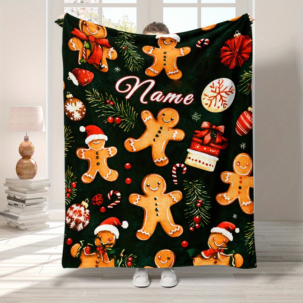 

Personalized Christmas Gingerbread For Man Flannel Throw Blanket - Soft, Lightweight & Warm For Sofa, Bed, - Custom Name Option