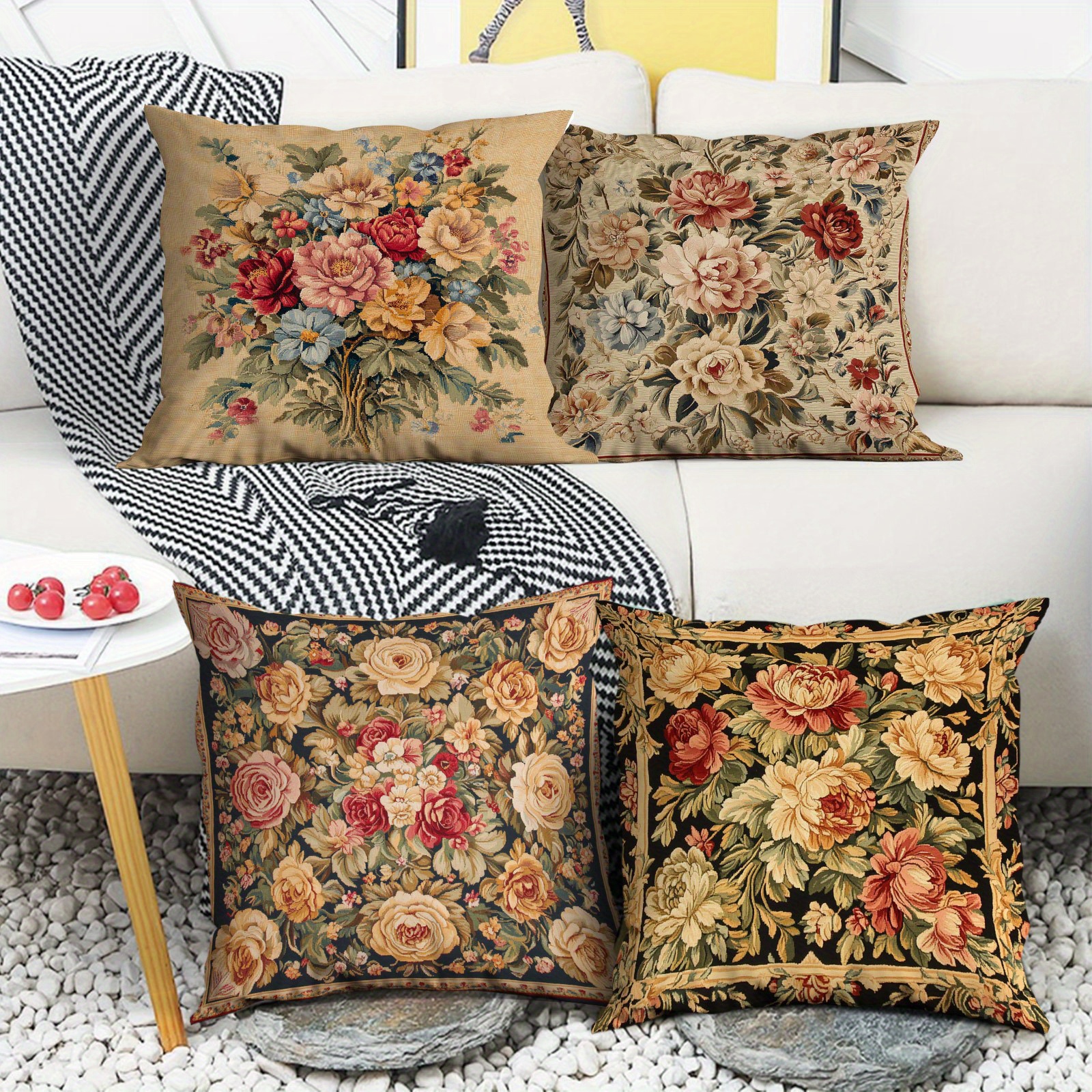 

4-pack Vintage Floral Patchwork Throw Pillow Covers, Bohemian Style, Polyester, Zippered, Machine Washable, For Office, Bedroom, Balcony, Car, Sofa, Patio Decor