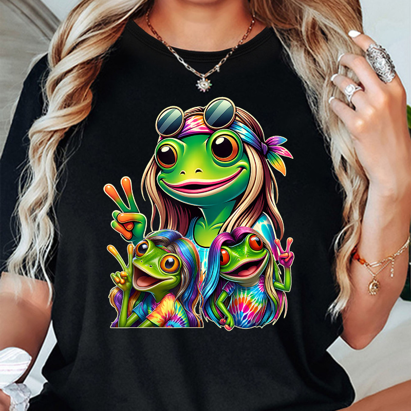 

3 Hippie Frogs Print T-shirt, Casual Round Neck Short Sleeve Top, Spring/summer Style, Women's Clothing