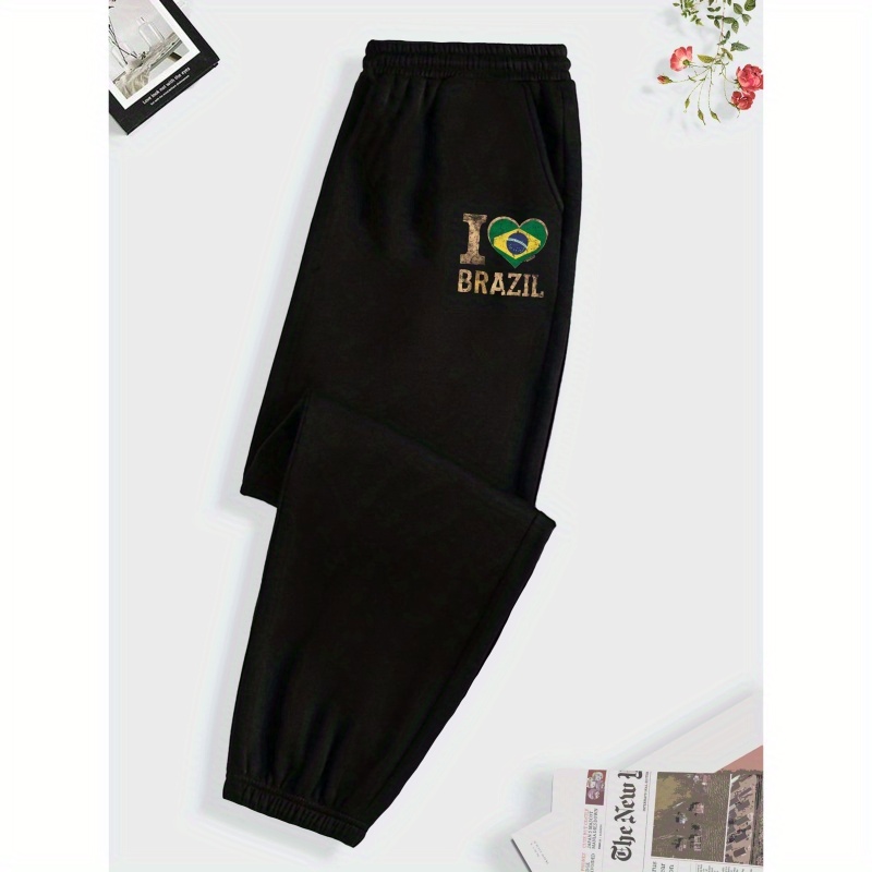 

Pantalon de jogging imprimé "I Love Brazil", pantalon de sport décontracté à taille élastique avec poche, vêtements pour femmes.